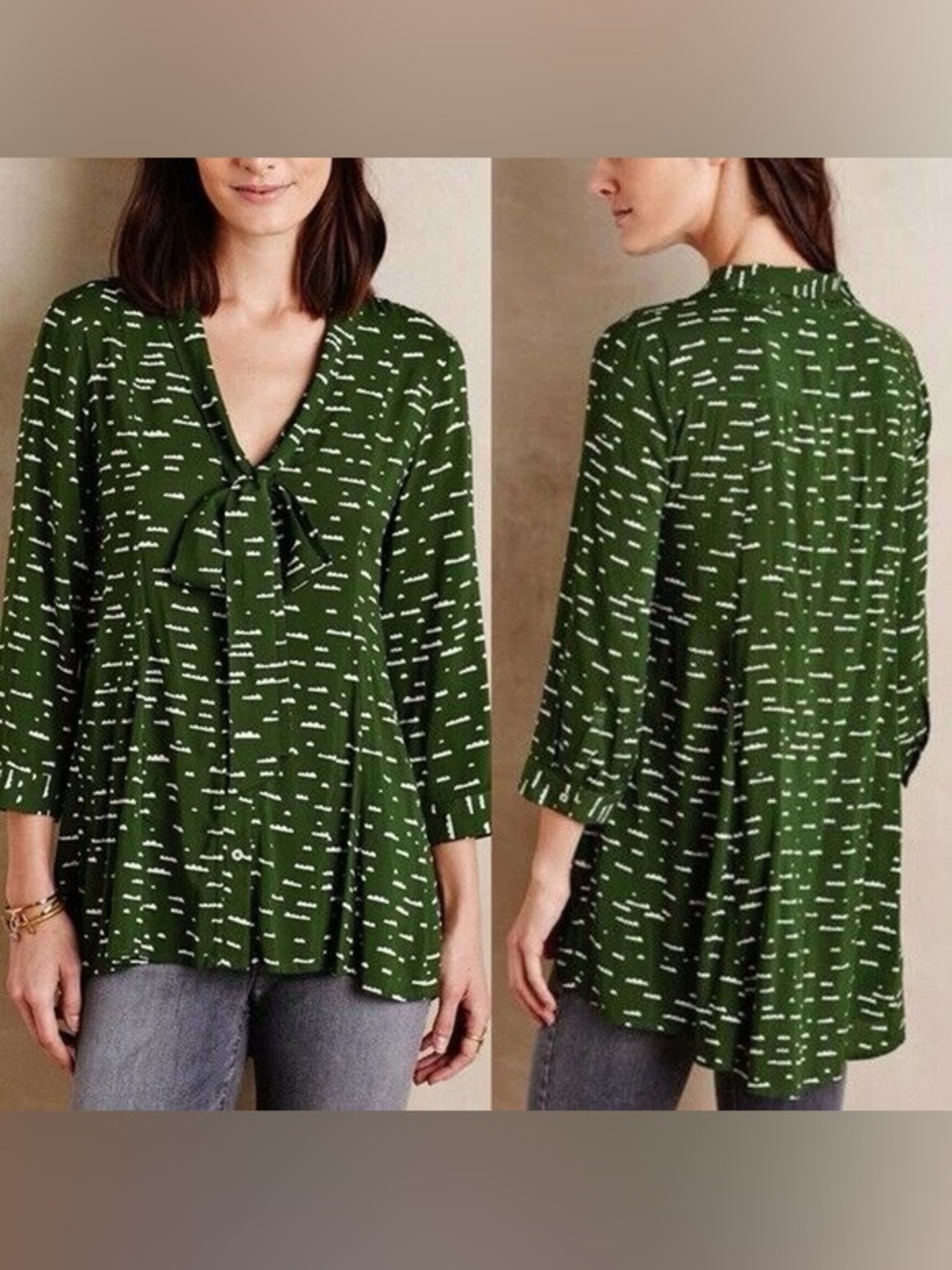Maeve Anthropologie Green Flowy Tie-Neck Cloud Print Boho Preppy Office  Tunic S